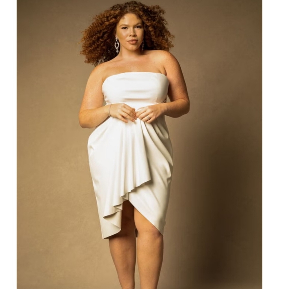 CLOSING CLOSET-Eloquii Strapless White Draped Leather Dress